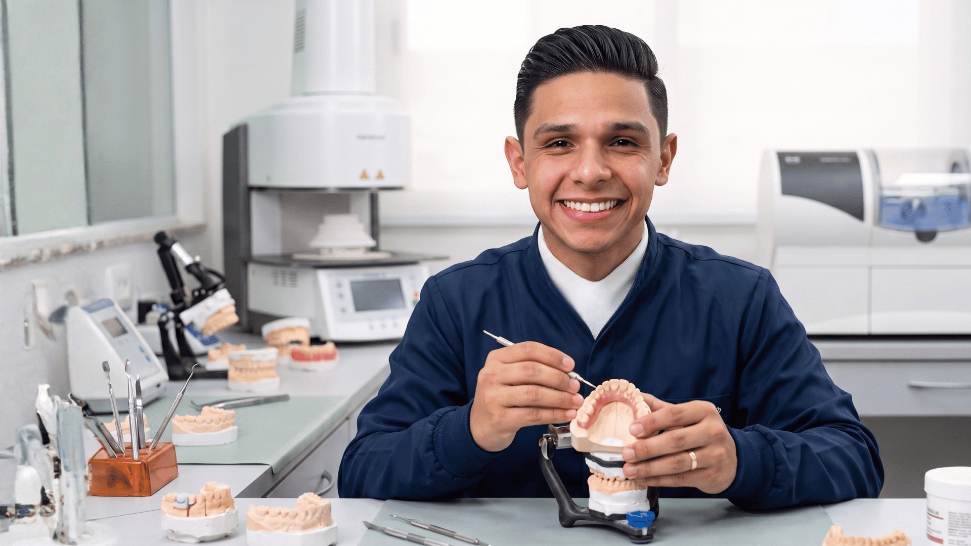 Samer Silva trabalhando em prótese dentária no laboratório