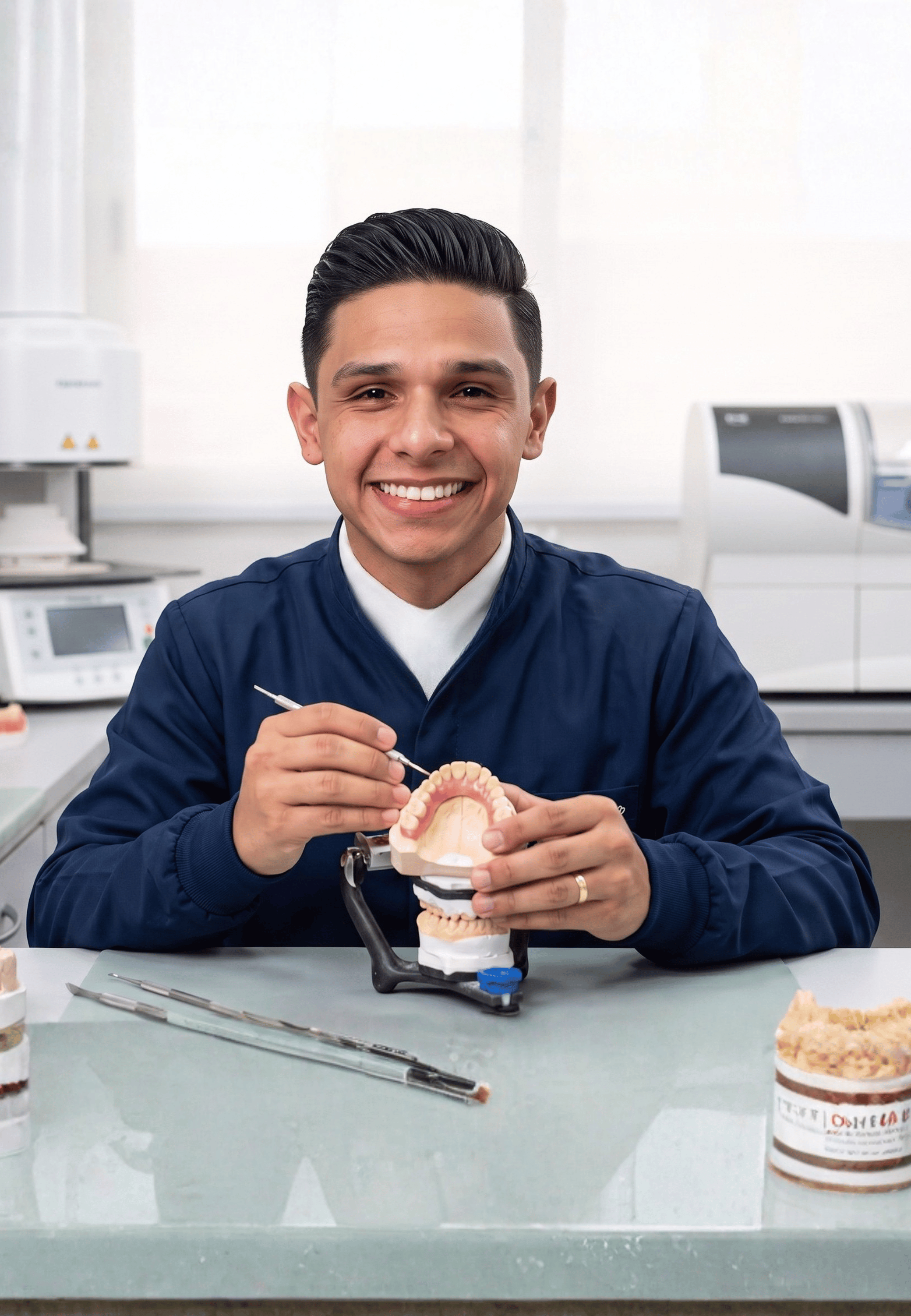 Samer Silva trabalhando em prótese dentária no laboratório